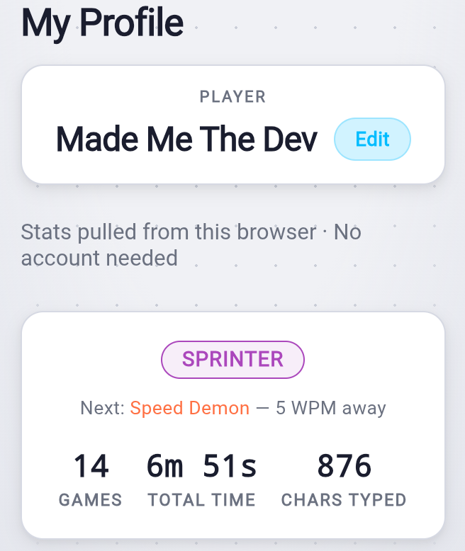 TypeVelocity profile page showing rank badge, stats, vibe check messages, and mode tables
