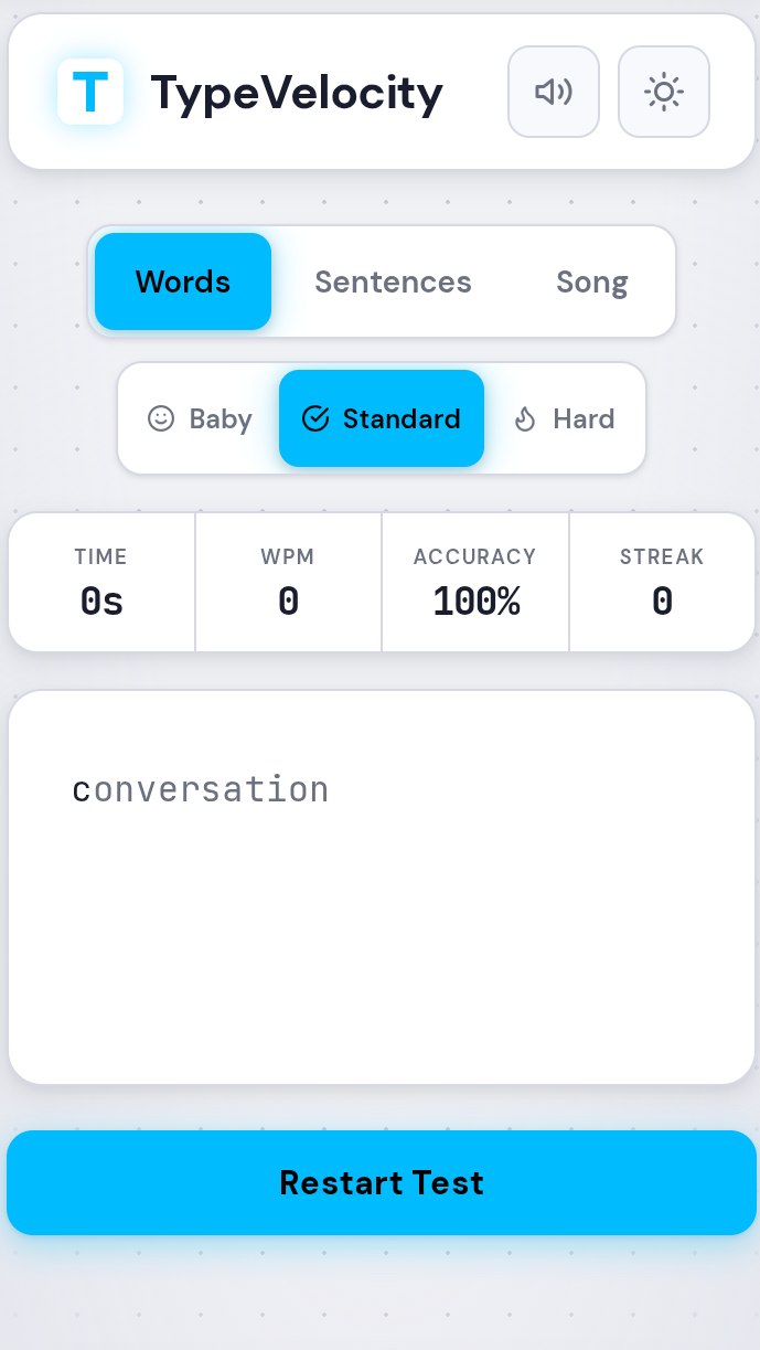 TypeVelocity new UI — Words mode with Baby/Standard/Hard difficulty toggle