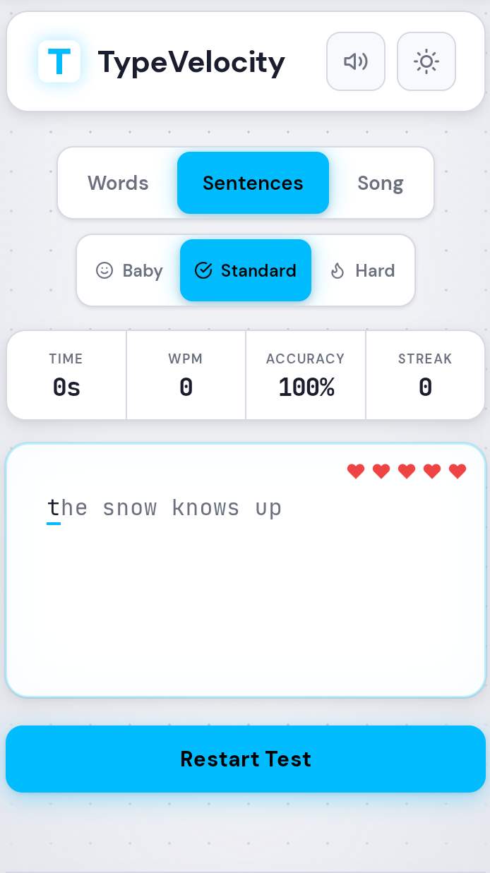TypeVelocity new UI — Sentences mode with hearts lives display