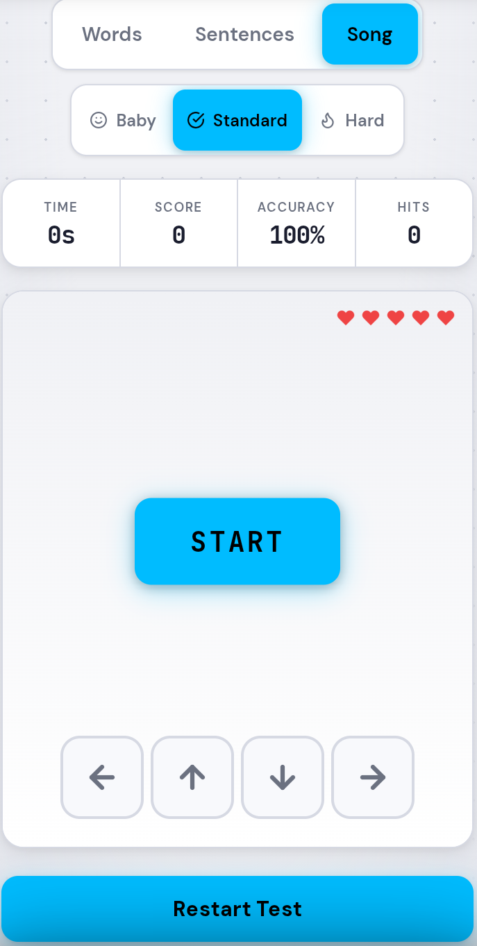TypeVelocity new Song mode — hearts lives system with arrow lanes