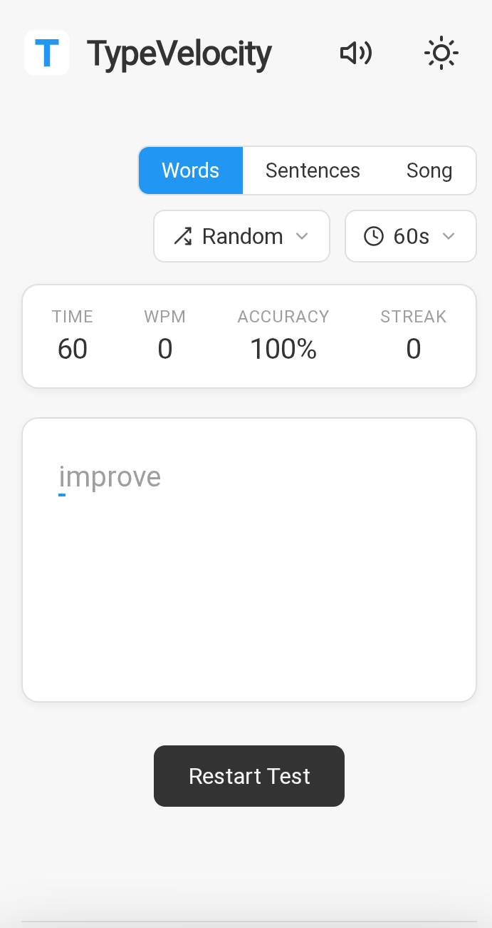 TypeVelocity old UI — Words mode with Random difficulty and 60s timer