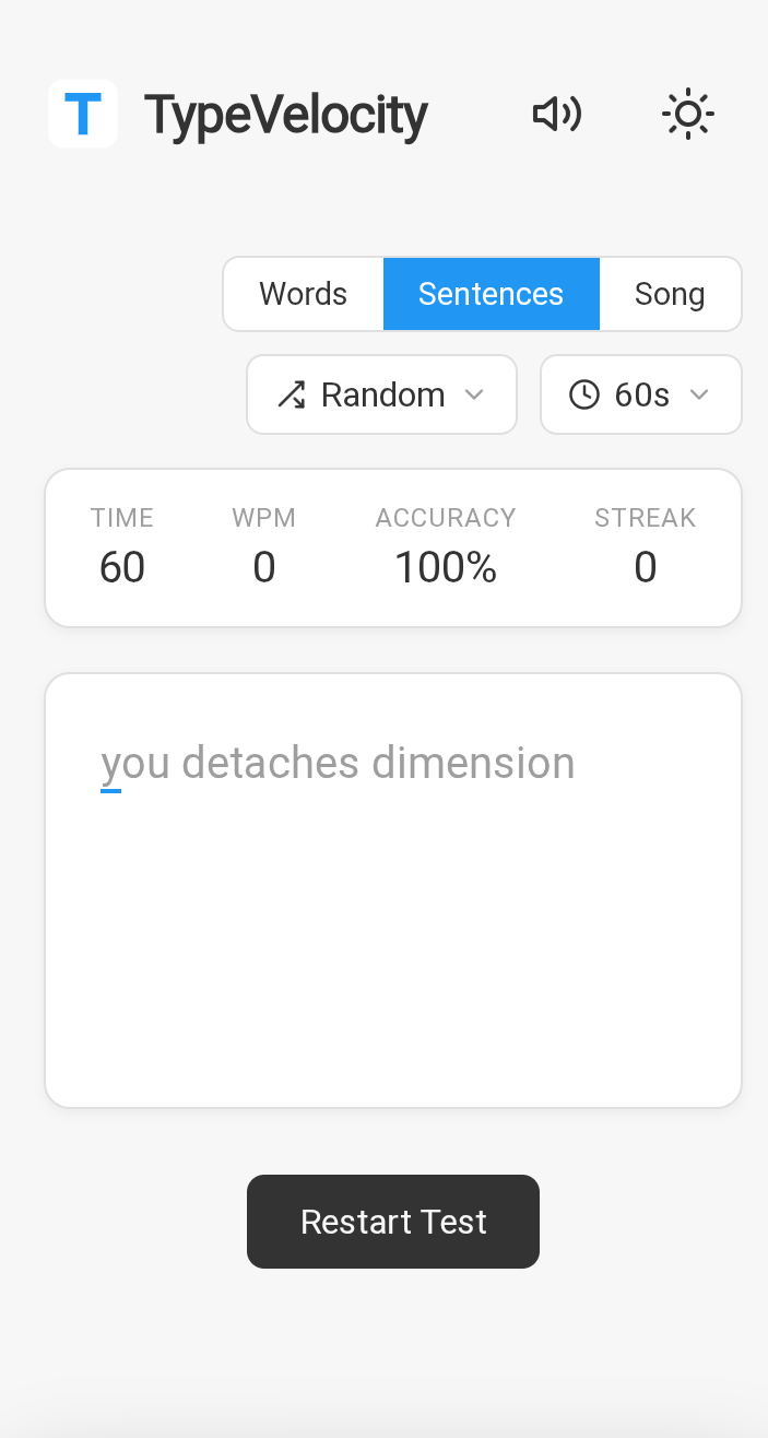 TypeVelocity old UI — Sentences mode